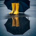 Rainy Day Essentials: Yellow Boots and Umbrella Reflection Royalty Free Stock Photo