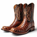Pair of brown cowboy boots with crocodile skin pattern