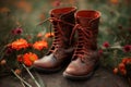 Pair of brown leather boots with laces in the meadow among the flowers. Generative AI