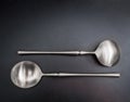 Pair brushed stainless steel soup spoons on a dark background. Close-up