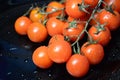 Bunch of cherry tomatoes on a black plate