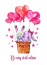 Pair of bunnies in basket with heart shape balloons. Saint Valentines day design template. Hand drawn watercolor Royalty Free Stock Photo