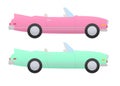 A pair of cabriolet retro classic cars with pink and mint green pastel colors.