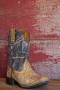 A pair of camouflage cowboy boots on red barn board Royalty Free Stock Photo