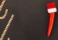 Pair of candy cane chili pepper sharp red cap copy space base black background