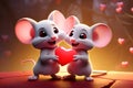 A pair of cartoon mice in love with a heart for Valentines Day