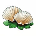 A pair of cartoon scallop shells resting on green leaves in a simple, colorful design