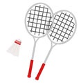 A pair of cartoon style badminton rackets and shuttlecock.