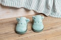 Pair of cat face blue slippers on the floor in the bedroom. New soft fleece cozy slippers for cold winter season. Funny comfy home