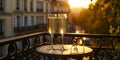 A pair of champagne glasses stand on a table on a romantic balcony in the center of a European city, on sunset.