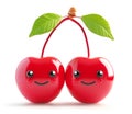 Pair of cheerful cherries with faces connected by a stem