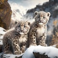 Pair of cheetah cubs sitting on snow looking at camera