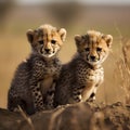 A Pair of Cheetah Cubs on a Stone