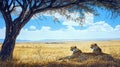 Pair of cheetahs resting under an acacia tree, dry savannah stretching Royalty Free Stock Photo