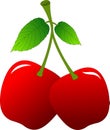 Pair of cherries on a twig with green leaves