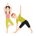 Pair of children dressed in sportswear doing yoga exercise isolated on white background. Sports activity, training or