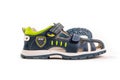 A pair of children`s blue green sandals with velcro fasteners