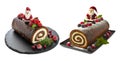 Pair of Chocolate Yule Log Cakes Decorated with Santa Claus and Holly Berries on Transparent Backdrop, PNG File