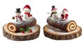 Pair of Chocolate Yule Log Cakes Decorated with Santa Claus and Snowman on Transparent Backdrop, PNG File