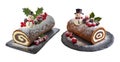 Pair of Chocolate Yule Log Cakes Decorated with Snowman and Holly Berries on Transparent Backdrop, PNG File