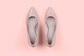 Pair of classic women`s beige shoes on pink