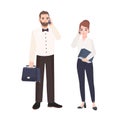 Pair of clerks dressed in business clothes standing and talking on phone. Busy male and female office workers isolated Royalty Free Stock Photo