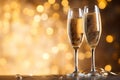 A pair of clinking champagne glasses in front of a shimmering glitter background, ideal for New Year\'s Eve and holiday