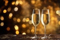 A pair of clinking champagne glasses in front of a shimmering glitter background, ideal for New Year\'s Eve and holiday