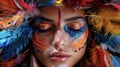 A pair of closed eyes surrounded by intricate face paint and adorned with colorful feathers conveys a sense of deep