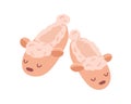 Pair of closed winter slippers isolated on white background. Cozy fluffy home shoes with cute sheep. Comfy footwear