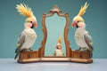 pair of cockatiels, one facing mirror, other turned away