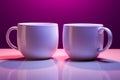 A pair of coffee filled white cups complements trendy ultraviolet decor