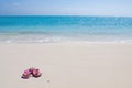 Pair of colored sandals on a white sand beach Royalty Free Stock Photo