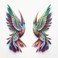 a pair of colorful birds with wings spread out of them\'s body, with one bird facing the other, on a