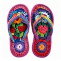 Pair of Colorful Crochet Flip Flops on White Background Close Up Royalty Free Stock Photo