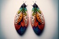 a pair of colorful earrings with a butterfly on top of it, on a white background, with a blue border around the edges of th