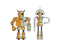 Pair of colorful funny cartoon robots isolated on white background. Concept of friendly android and metal monster