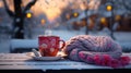 A pair of colorful mittens, a steaming cup of hot cocoa, and a snow-covered park bench, capturing the essence of winter coziness.