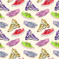 Pair of colorful modern trainers, striped espadrilles and sneakers, seamless pattern on soft yellow background