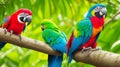 A pair of colorful parrots perched on a branch in a tropical rainforestn. Royalty Free Stock Photo