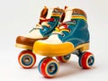 A pair of colorful roller skates with wheels