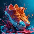 A pair of colorful sports sneaker floating in the air with bright multicolor paint splashes. Modern sports shoes on a