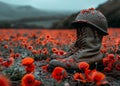 A pair of combat boots resting on a battlefield with a helmet placed on top, poppies growing around them symbolizing remembrance Royalty Free Stock Photo