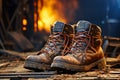 Pair of combat boots stands on a war-torn ground against a backdrop of fire and destruction