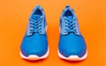 pair of comfortable sport shoes. sporty blue sneakers. shoes on orange background. Royalty Free Stock Photo