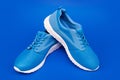 pair of comfortable sport shoes. sporty blue sneakers. shoes on blue background. Royalty Free Stock Photo