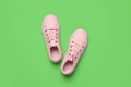 Pair of comfortable sports shoes on light green background, flat lay