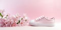 Pair of comfortable women sneakers on delicate pink pastel background decorated with blooming beautiful flowers with