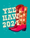 A pair of cowboy boots decorated with flowers and a hand lettering message Yeehaw 2024 on blue background. Happy New Year colorful
