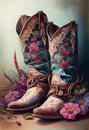 Pair of Cowboy Boots Shawl Highly Depicting Flower Bolero Realism